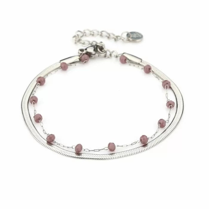 armbandje- dubbel flat paars zilverkleurig