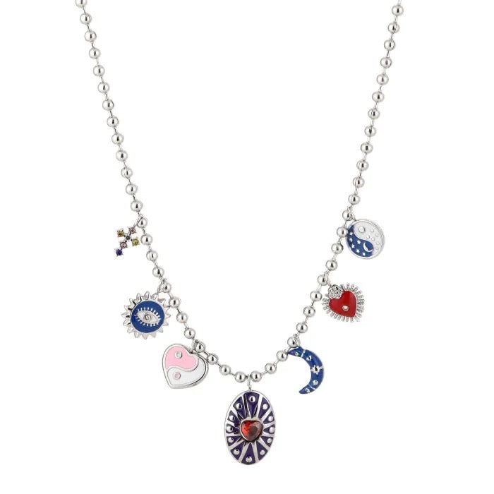 ketting- bedels blauw rood zilverkleurig