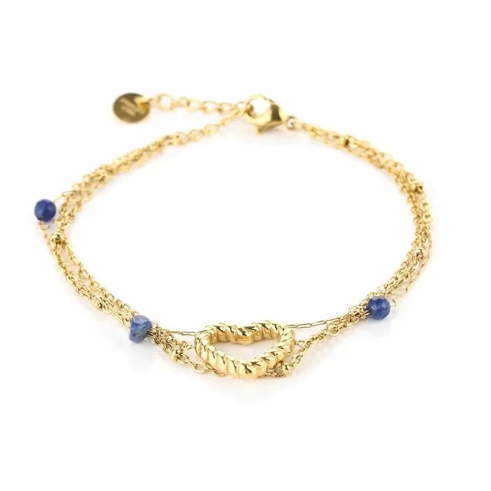 armbandje- dubbel hartje donkerblauw goudkleurig