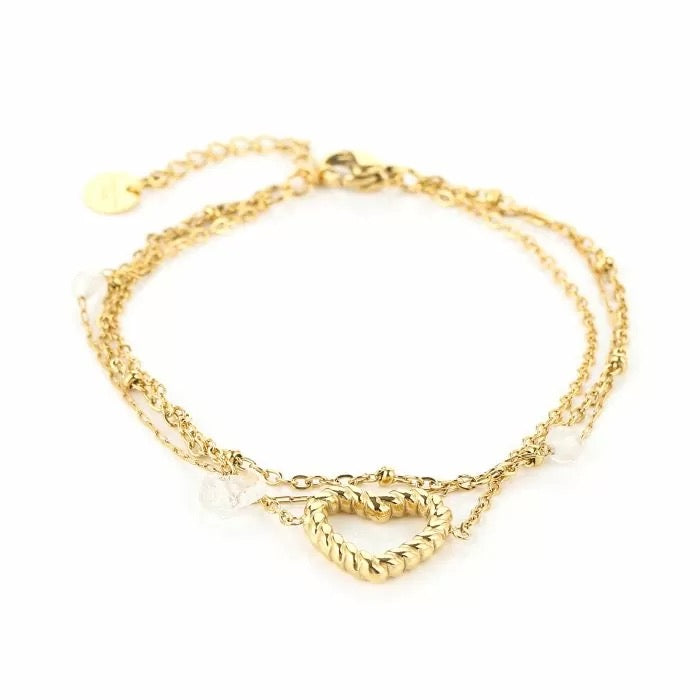 armbandje- dubbel hartje wit goudkleurig