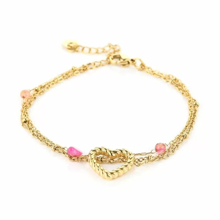 armbandje- dubbel hartje roze goudkleurig