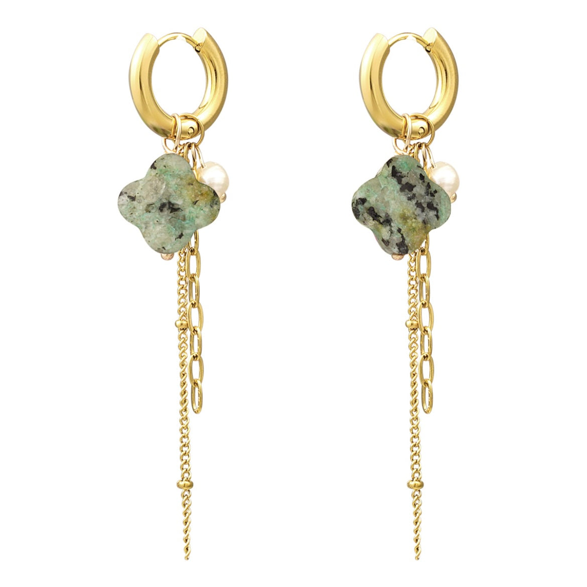 oorbellen- kettinkjes klaver turkoois goudkleurig