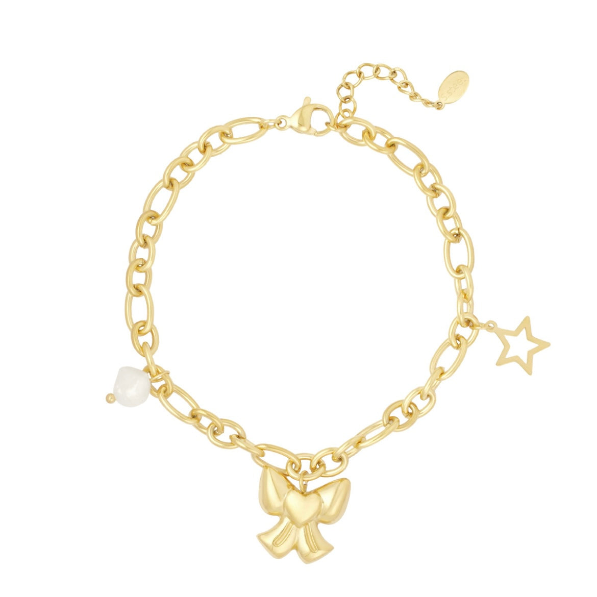 Armbandje- bedeltjes strikje pareltje goudkleurig