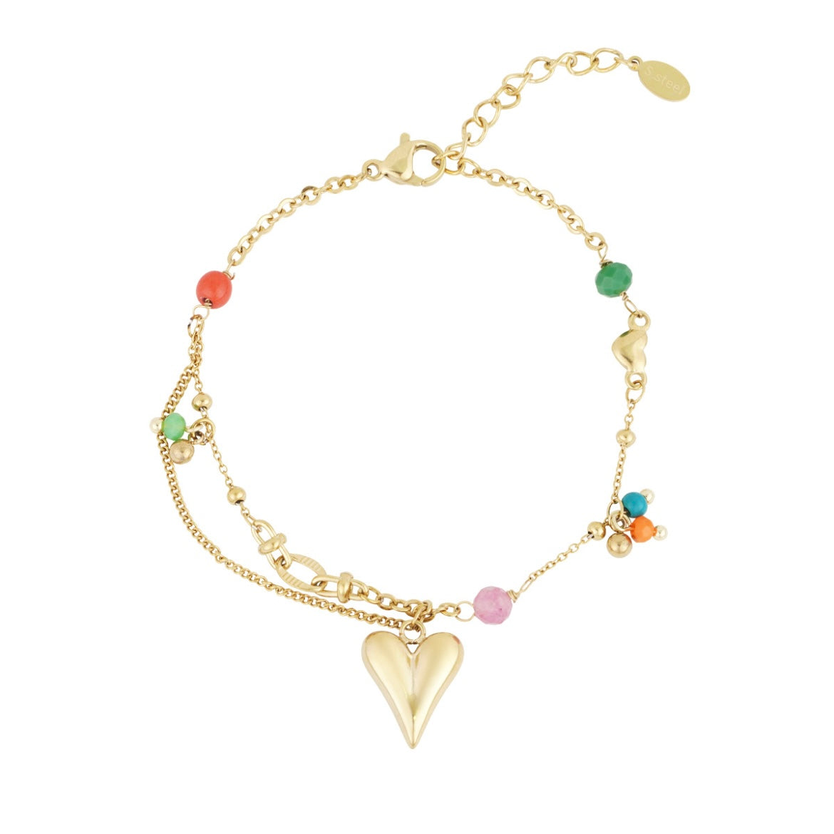 Armbandje- gekleurde kraaltjes hart goudkleurig