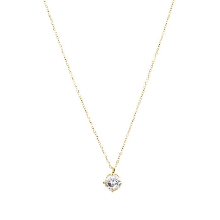 Goudkleurige stainless steel ketting met klein zirkonia steentje minimalistisch