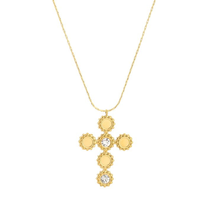 Goudkleurige stainless steel kruis ketting met subtiele steentjes