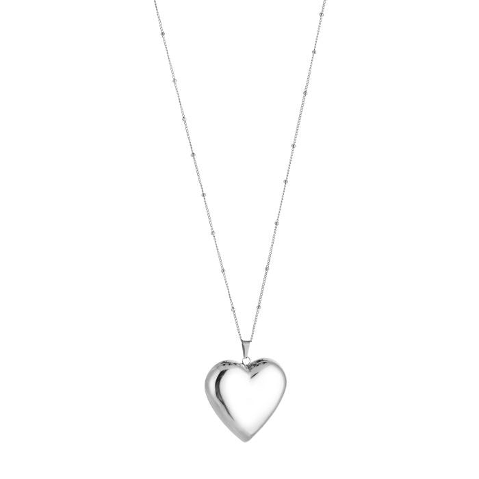 Lange zilverkleurige stainless steel ketting met grote hart hanger