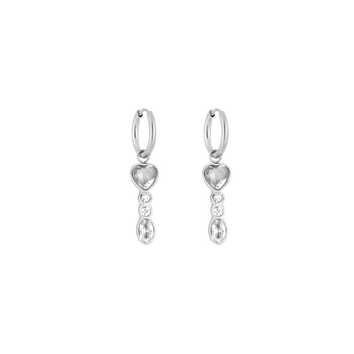 Zilverkleurige stainless steel hartjes oorbellen met steentjes