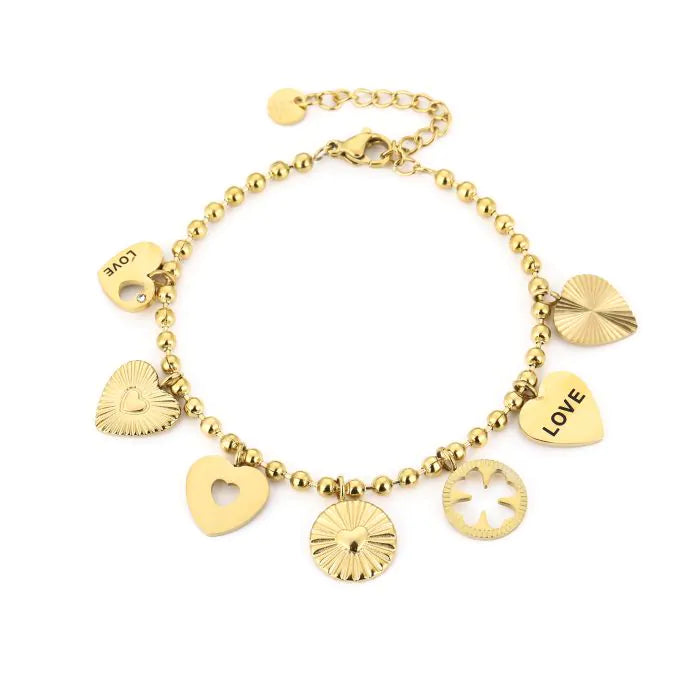 Armbandje- hartjes bedels goudkleurig