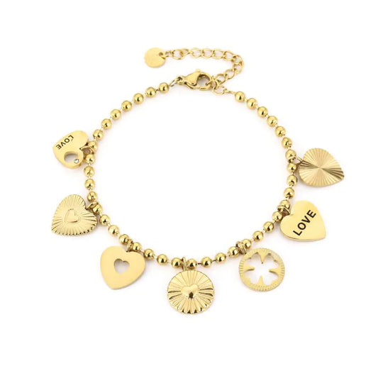 Armbandje- hartjes bedels goudkleurig