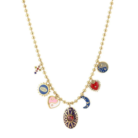 ketting- bedels blauw rood goudkleurig