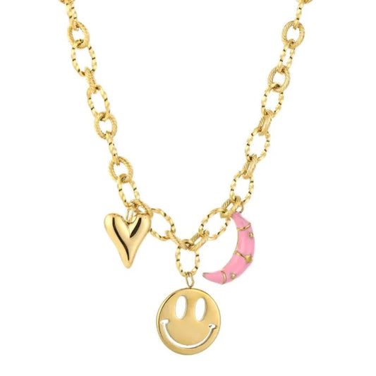 ketting- bedels groot smiley goudkleurig