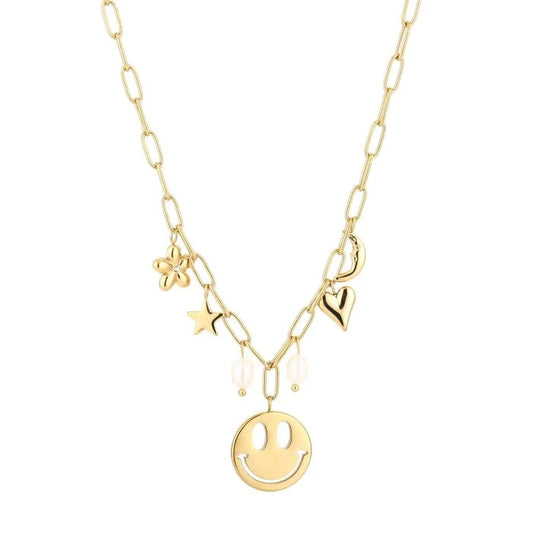 ketting- bedels grote smiley goudkleurig