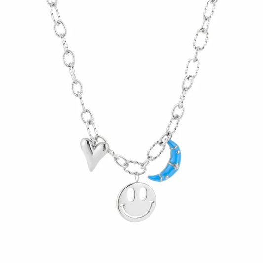 ketting- bedels groot smiley zilverkleurig