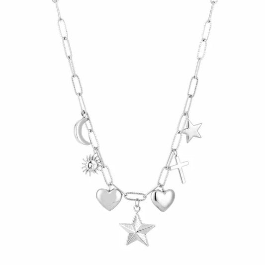 ketting- bedels ster hartjes zilverkleurig