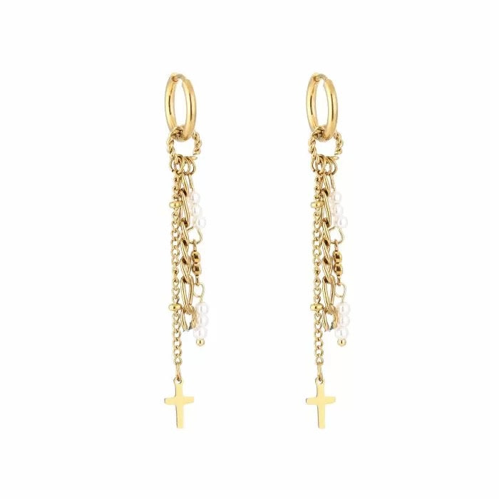 oorbellen- pareltjes kruisje goudkleurig