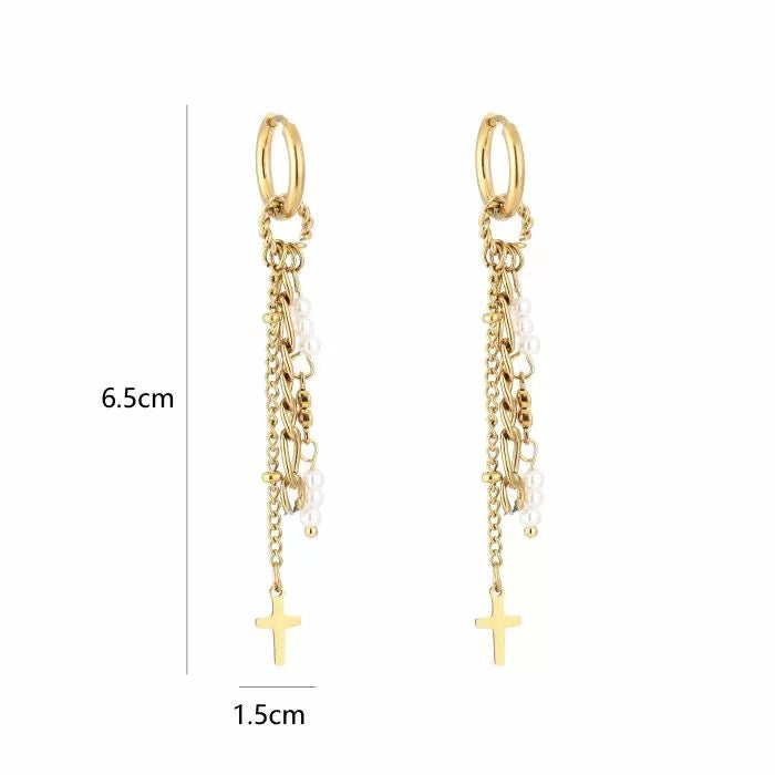oorbellen- pareltjes kruisje goudkleurig