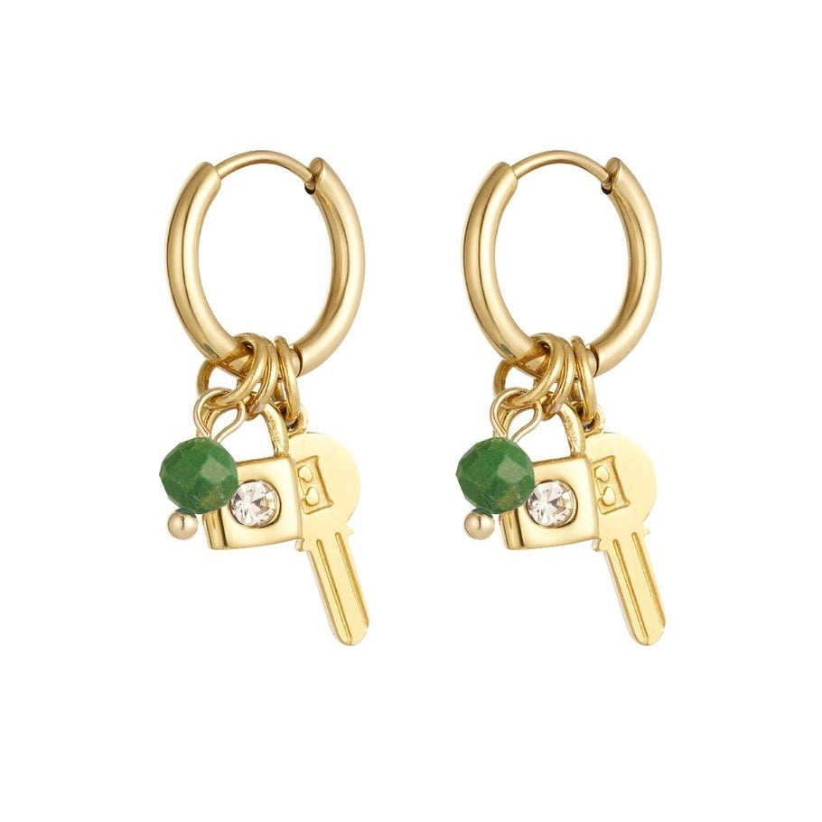 oorbellen- sleuteltje slotje groen goudkleurig