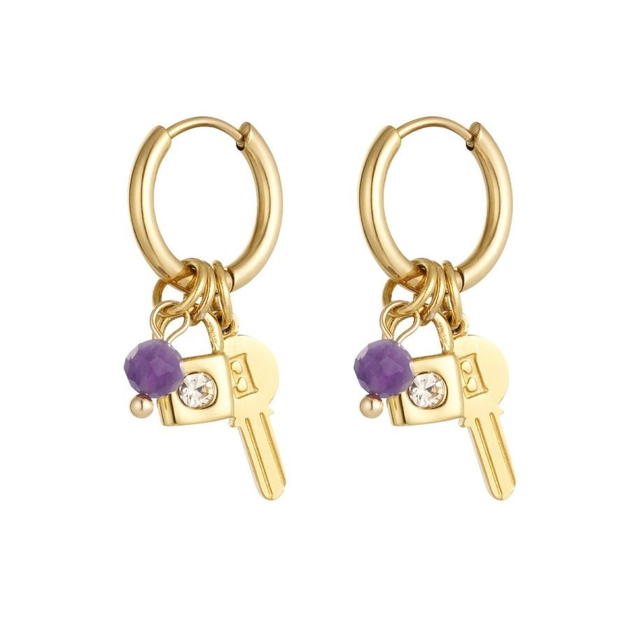 oorbellen- sleuteltje slotje paars goudkleurig