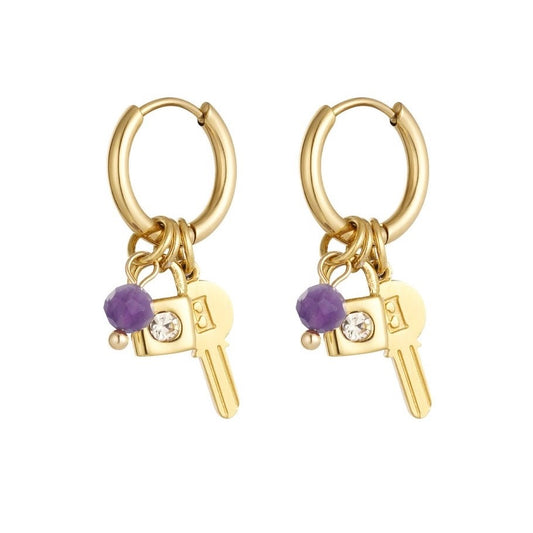 oorbellen- sleuteltje slotje paars goudkleurig