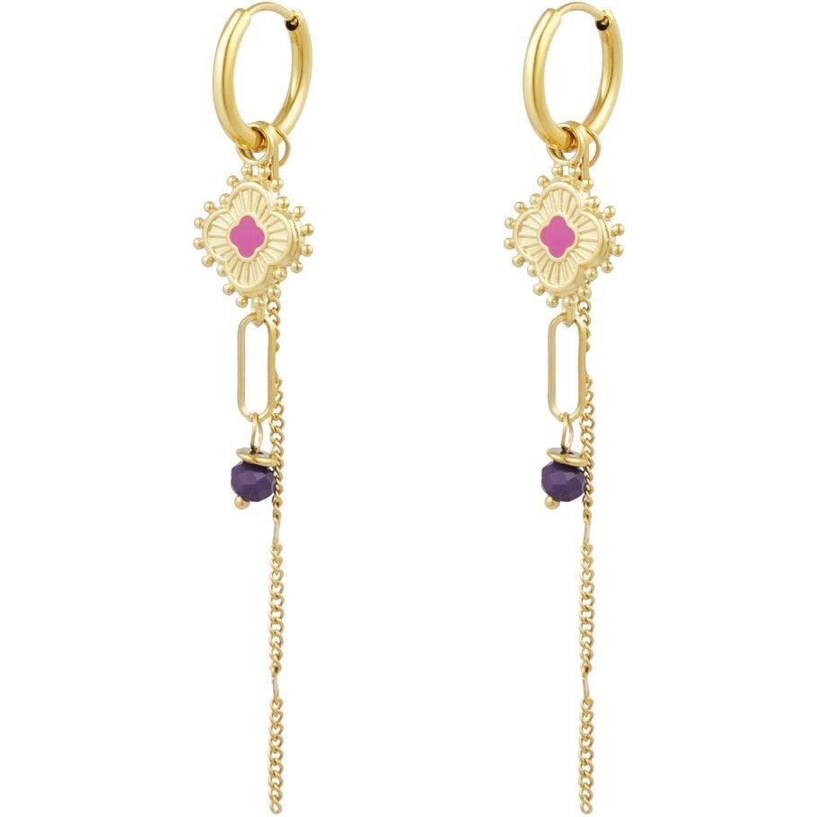 oorbellen- klaver chain roze goudkleurig