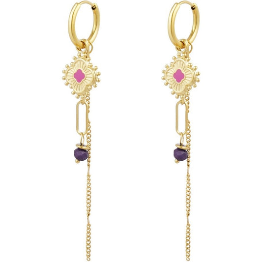 oorbellen- klaver chain roze goudkleurig