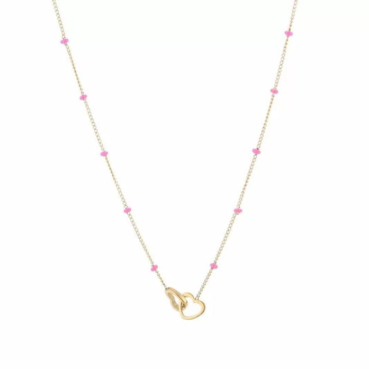 Ketting- dubbel hartje roze goudkleurig