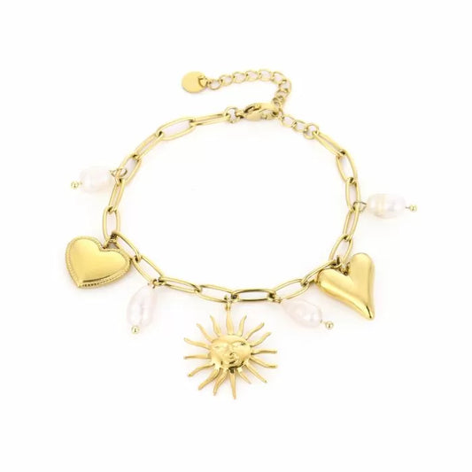 Armbandje- bedels zonnetje parels goudkleurig