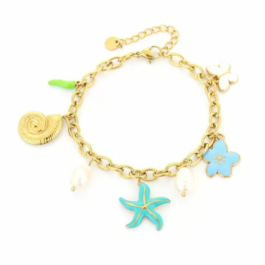 Armbandje- bedels zee turkoois goudkleurig