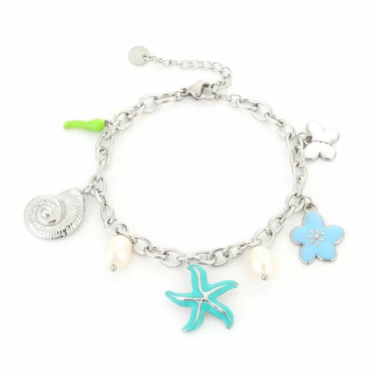 Armbandje- bedels zee turkoois zilverkleurig
