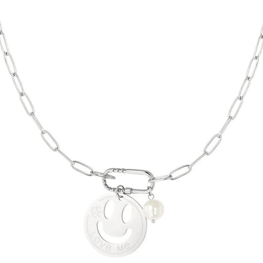 ketting- grote smiley zilverkleurig