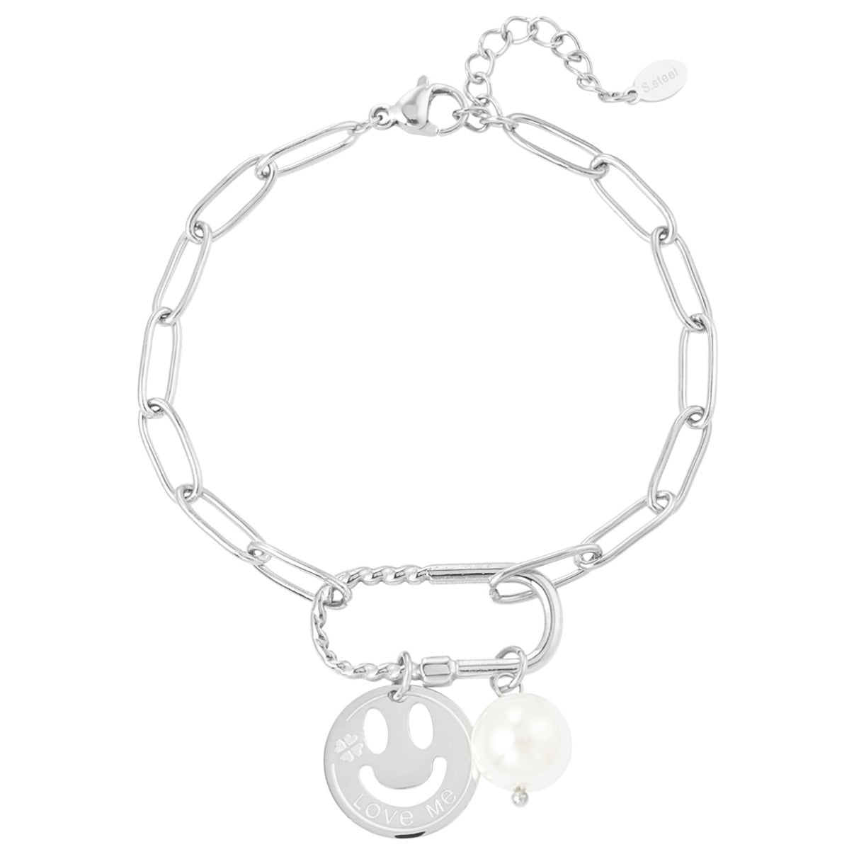Armbandje- smiley parel zilverkleurig