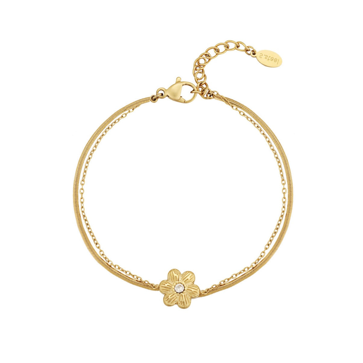 Armbandje- dubbel bloemetje goudkleurig