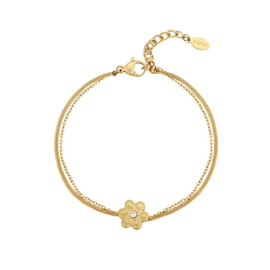 Armbandje- dubbel bloemetje goudkleurig