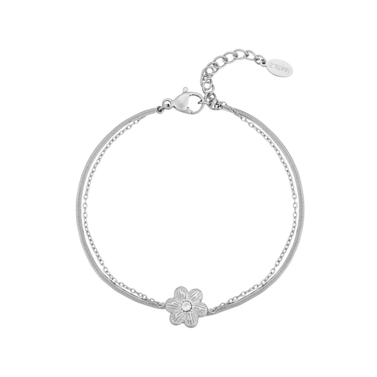 Armbandje- dubbel bloemetje zilverkleurig