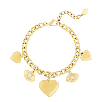 Armbandje- bedels hartjes oogjes goudkleurig