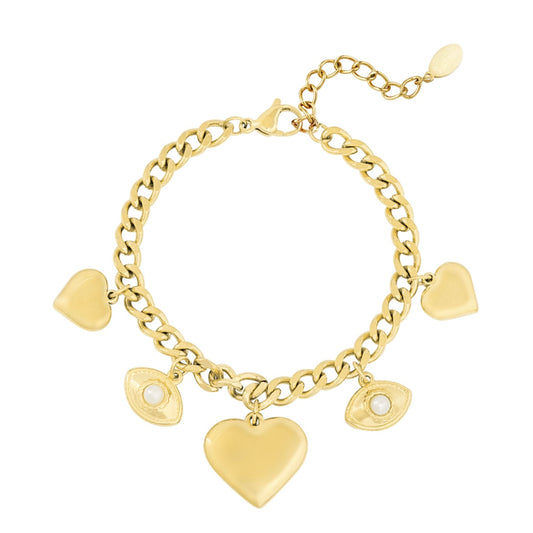 Armbandje- bedels hartjes oogjes goudkleurig