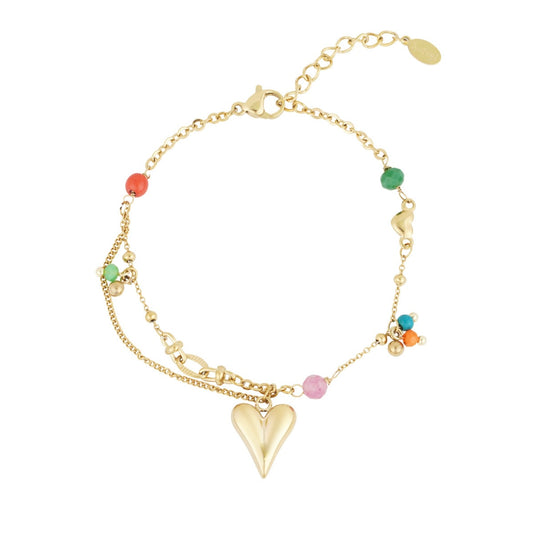 Armbandje- gekleurde kraaltjes hart goudkleurig