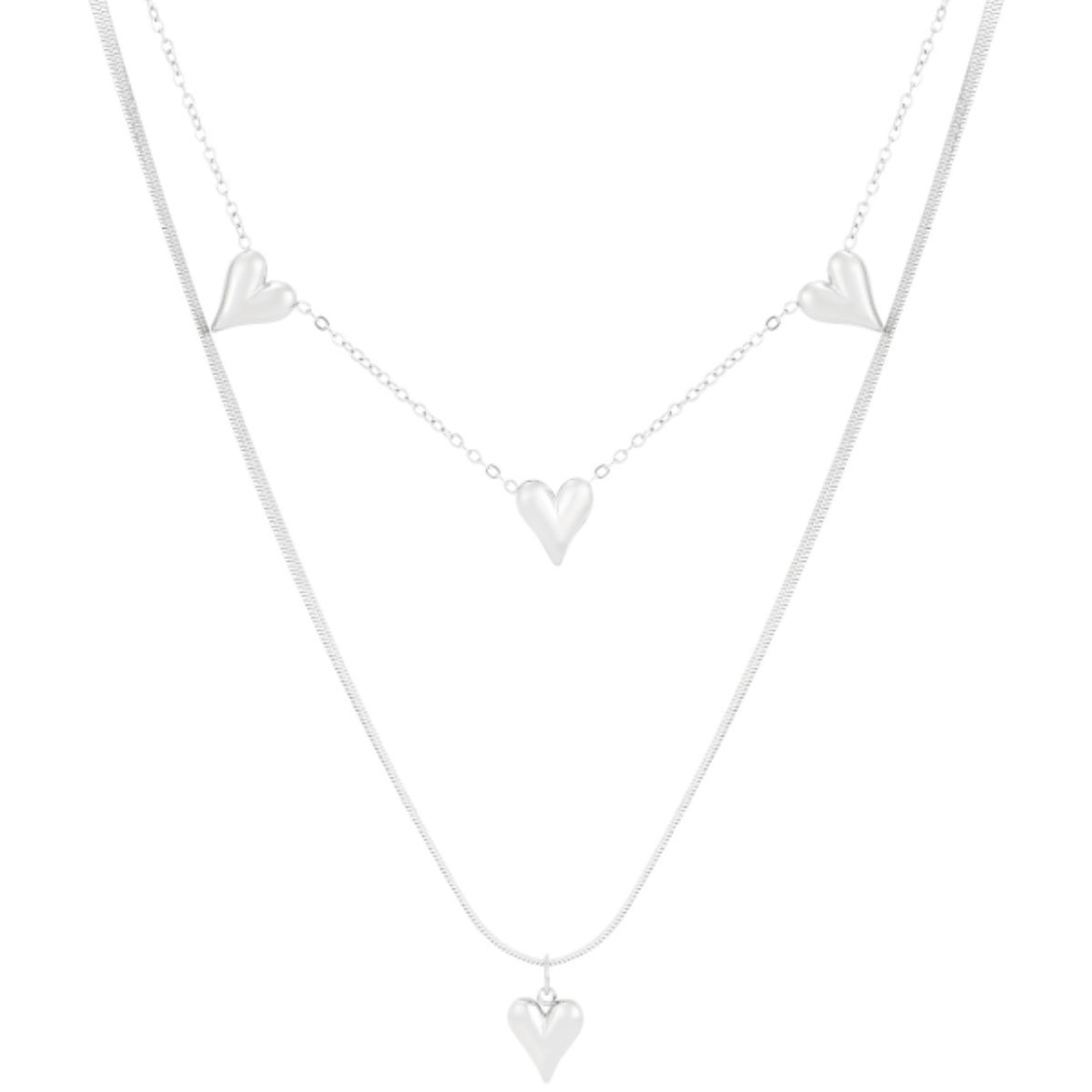 ketting- dubbel hartjes zilverkleurig