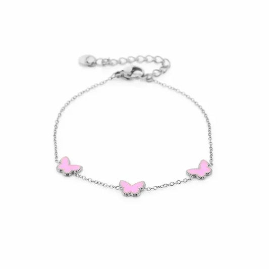 Armbandje- vlindertjes roze zilverkleurig