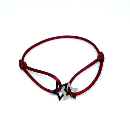 Stainless steel armband met rode verstelbare band en twee zilveren sterbedels, Jewelrybyceline