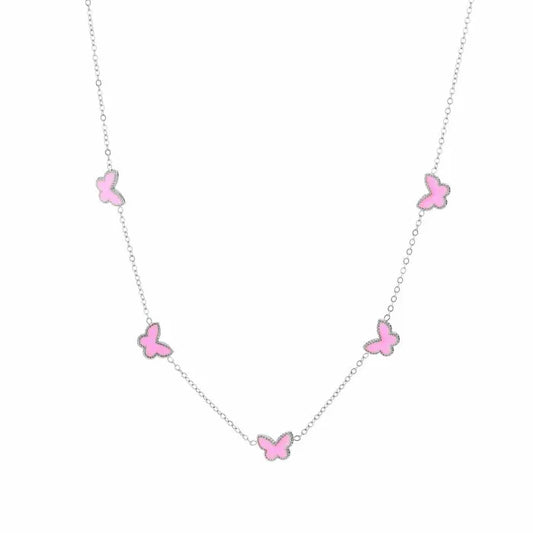 Ketting- vlindertjes roze zilverkleurig