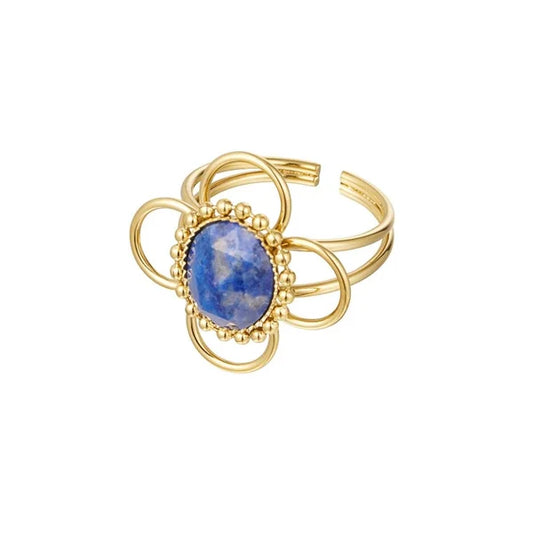 ring- steentje bloem blauw goudkleurig