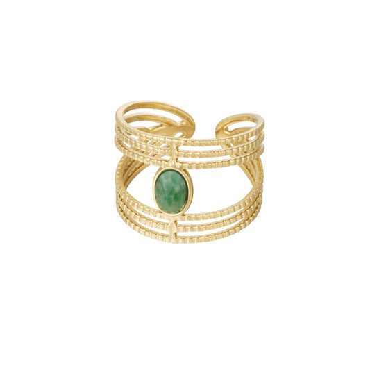 ring- steen dubbel groen goudkleurig