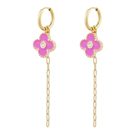 oorbellen- klavers chain roze goudkleurig