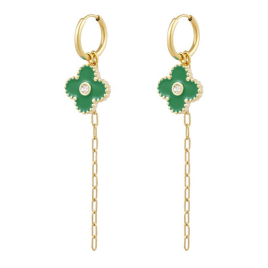 oorbellen- klavers chain groen goudkleurig