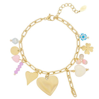 goudkleurig bedelarmbandje met verschillende gekleurde bedeltjes