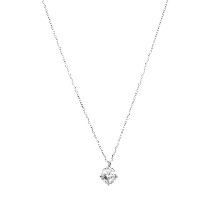 Zilverkleurige stainless steel ketting met klein zirkonia steentje minimalistisch