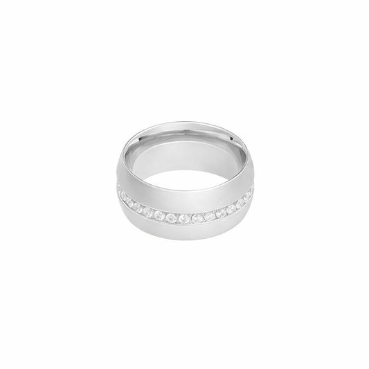 Zilverkleurige stainless steel ring met steentjes en brede band – JewelryByCeline