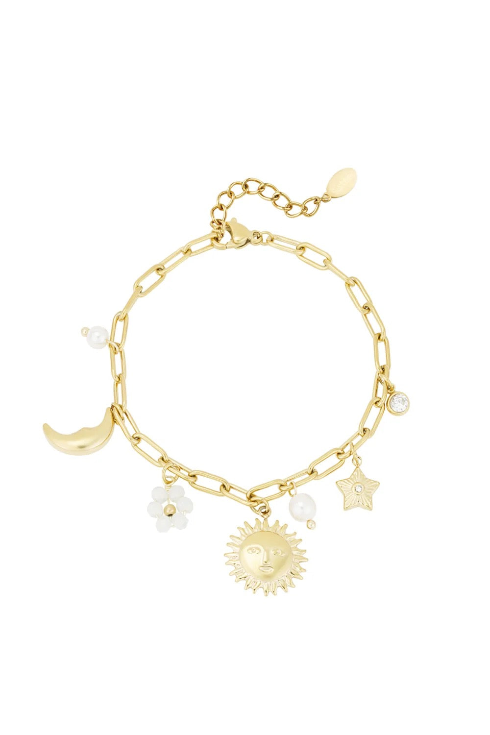 armbandje met verschillende bedeltjes maan ster goudkleurig stainless steel